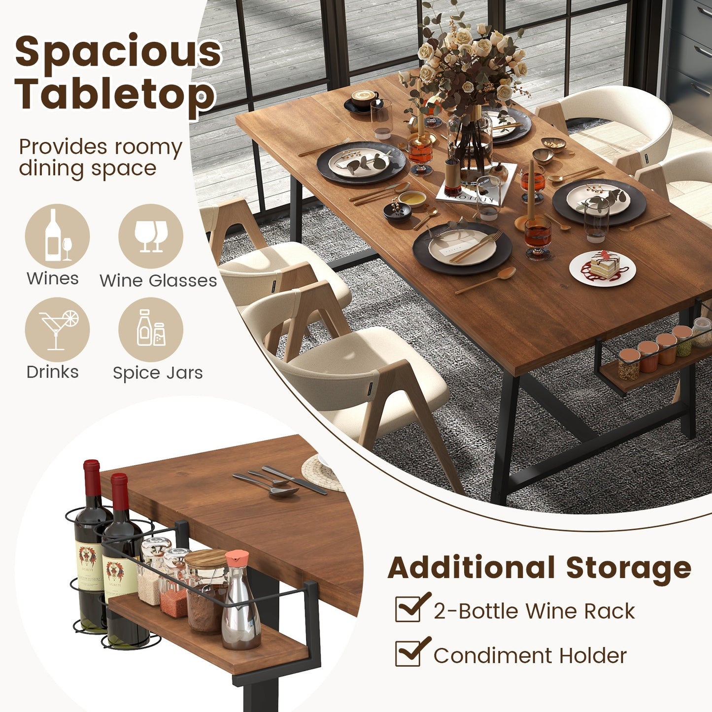 72 Inch Dining Table with Wine Rack and Storage Shelf, Seats 5 to 7, Modern Rectangular Design