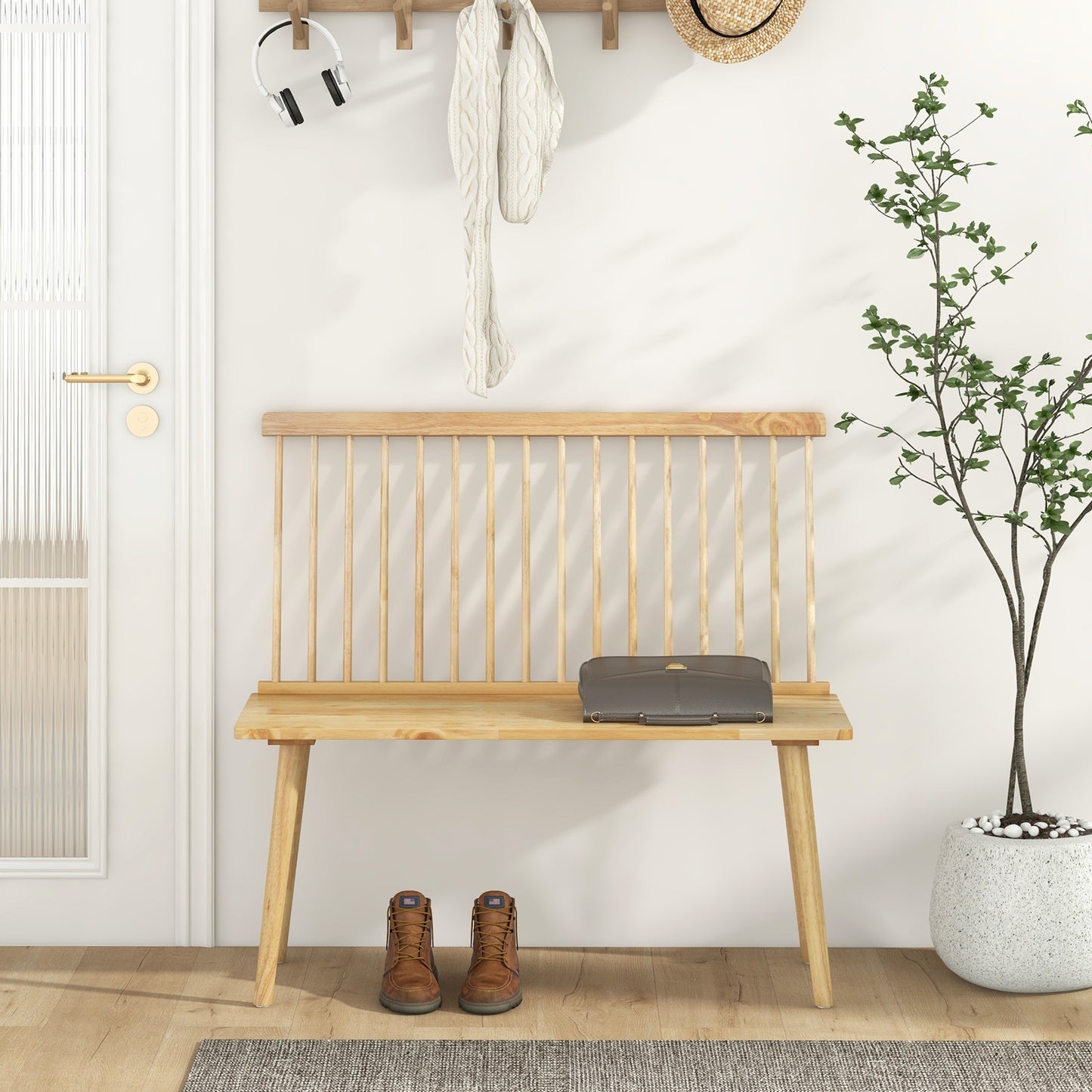 Elegant Windsor Dining Bench with Spindle Back and Anti-Slip Foot Pads – Natural