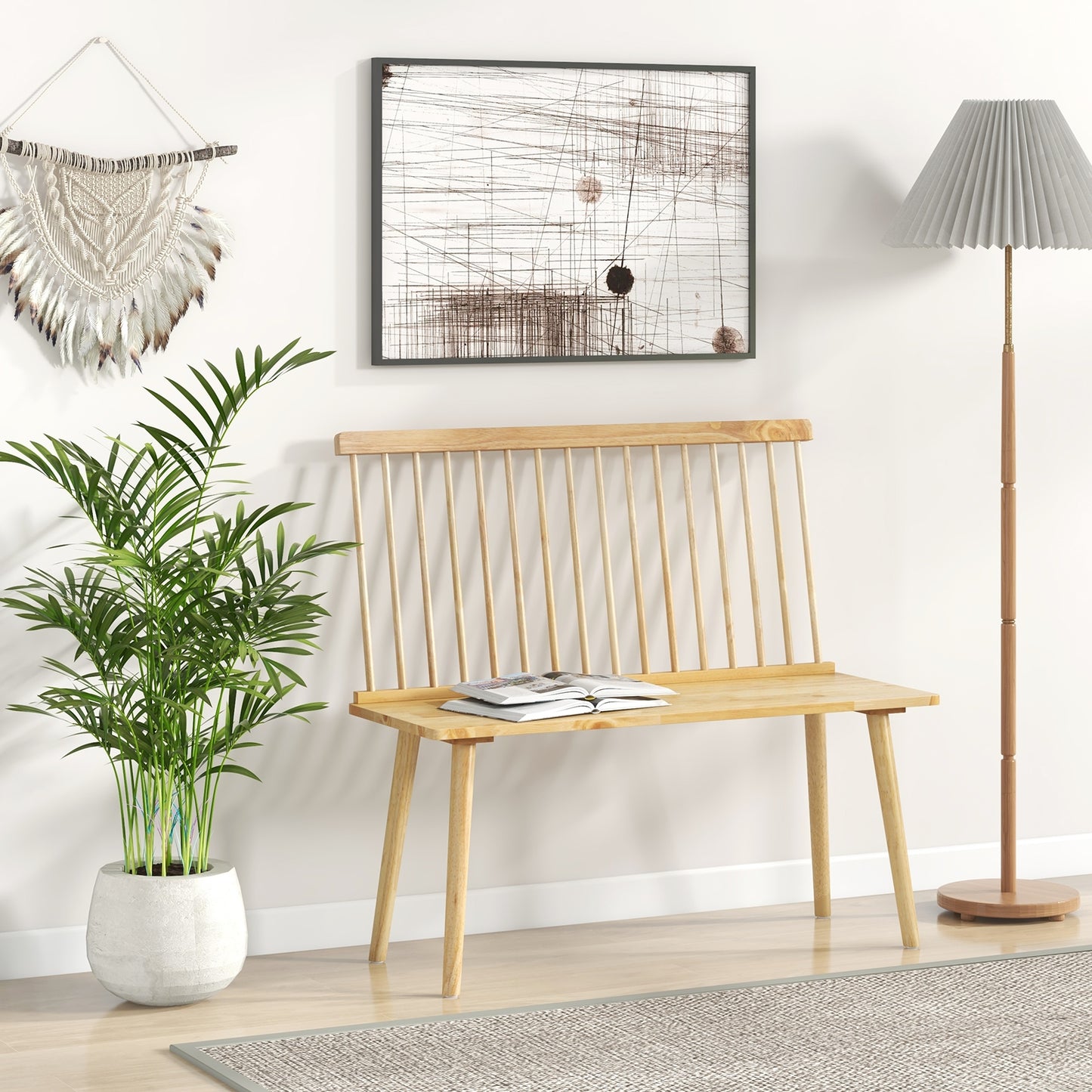Elegant Windsor Dining Bench with Spindle Back and Anti-Slip Foot Pads – Natural