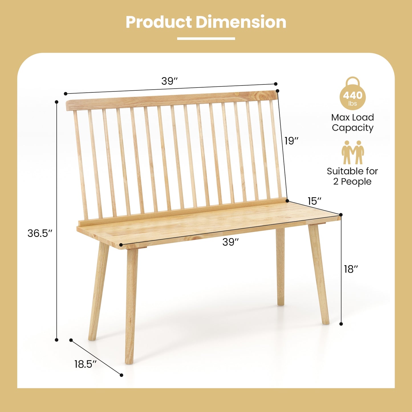 Elegant Windsor Dining Bench with Spindle Back and Anti-Slip Foot Pads – Natural