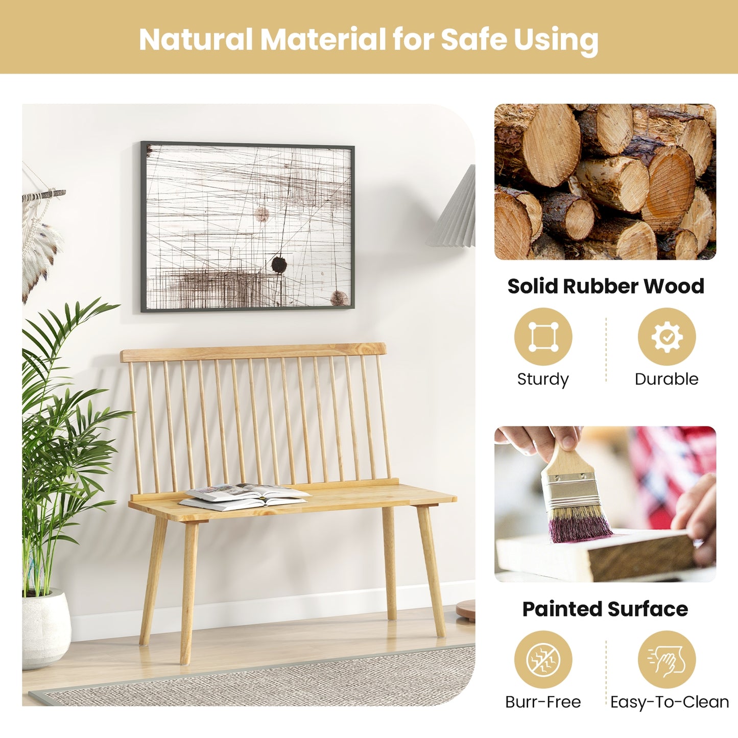 Elegant Windsor Dining Bench with Spindle Back and Anti-Slip Foot Pads – Natural