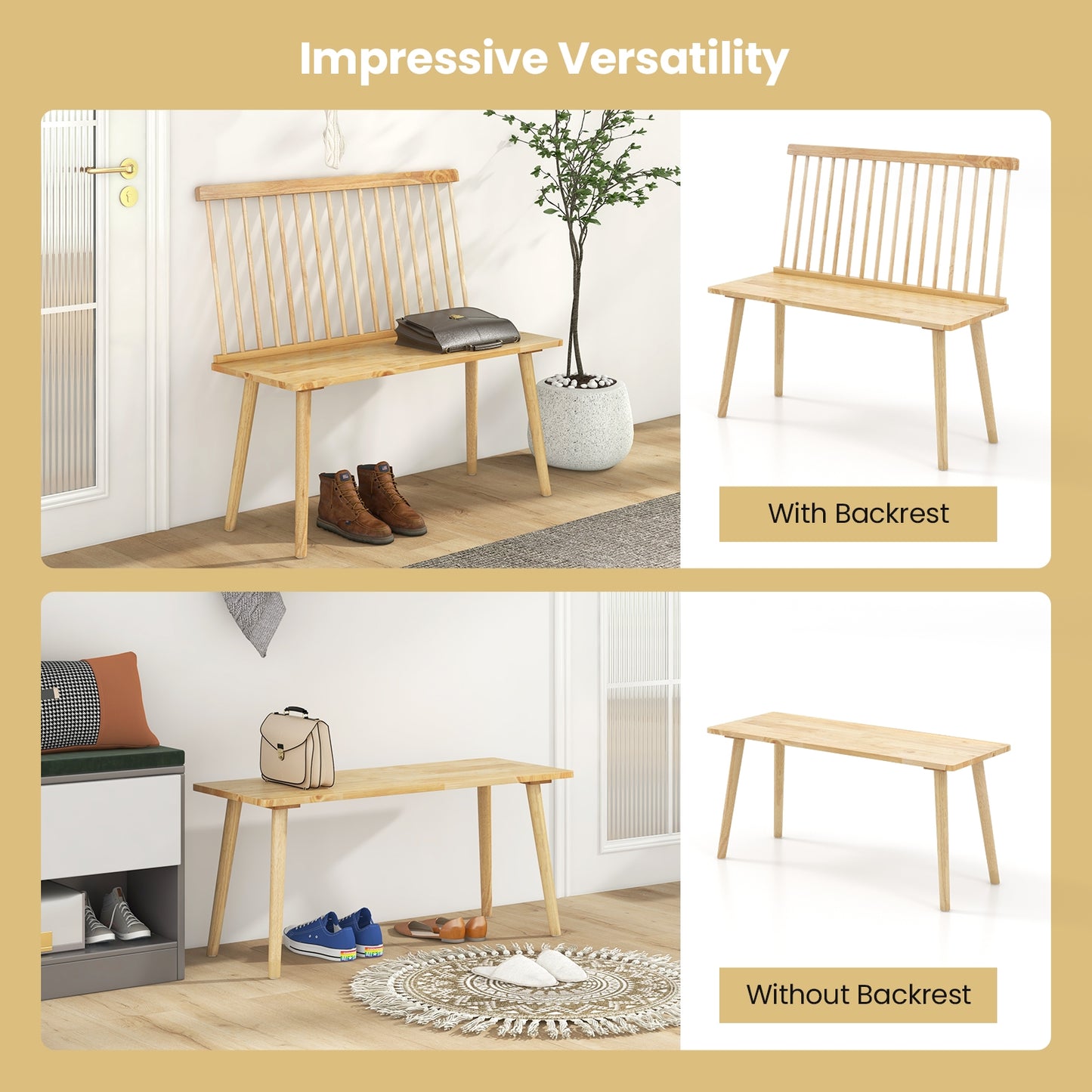 Elegant Windsor Dining Bench with Spindle Back and Anti-Slip Foot Pads – Natural