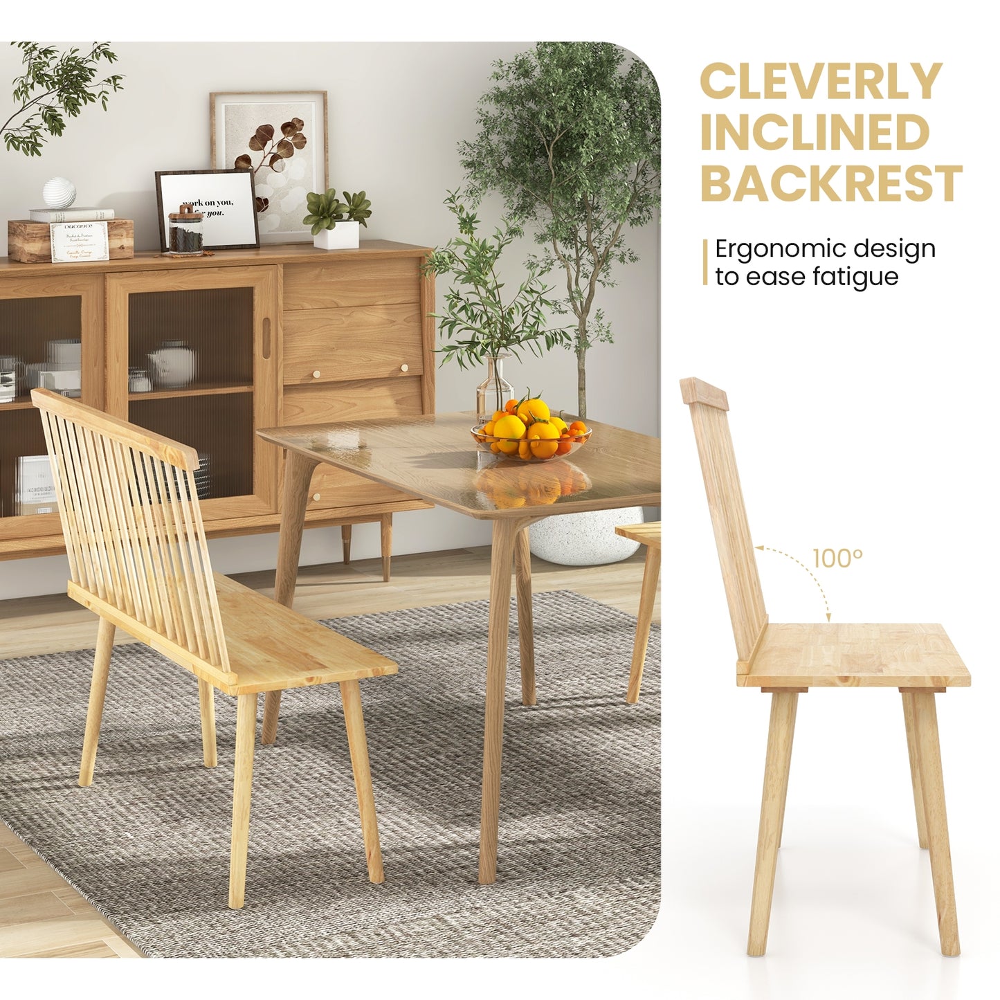 Elegant Windsor Dining Bench with Spindle Back and Anti-Slip Foot Pads – Natural