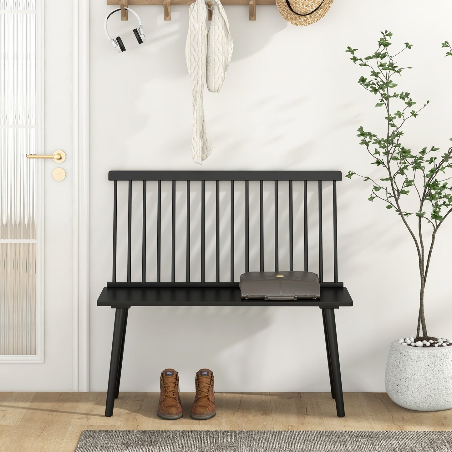 Elegant Windsor Dining Bench with Spindle Back and Anti-Slip Foot Pads – Black