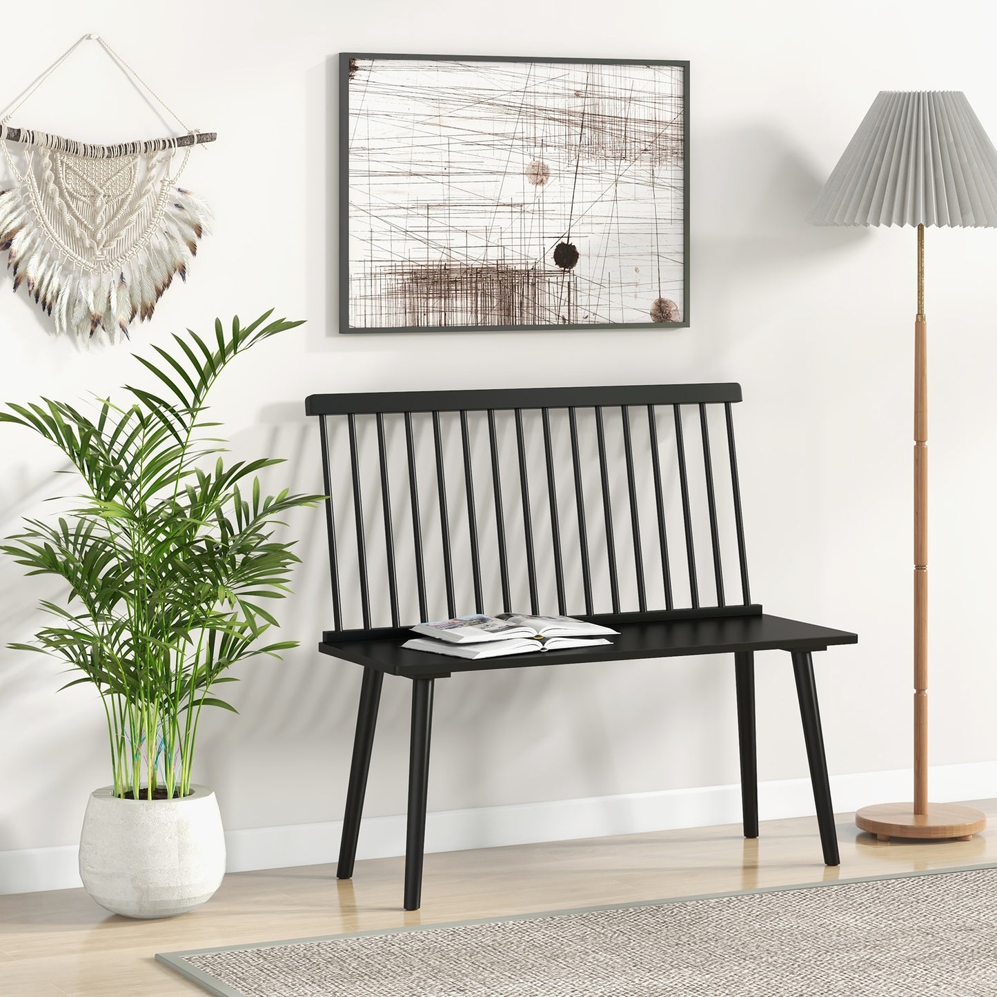 Elegant Windsor Dining Bench with Spindle Back and Anti-Slip Foot Pads – Black