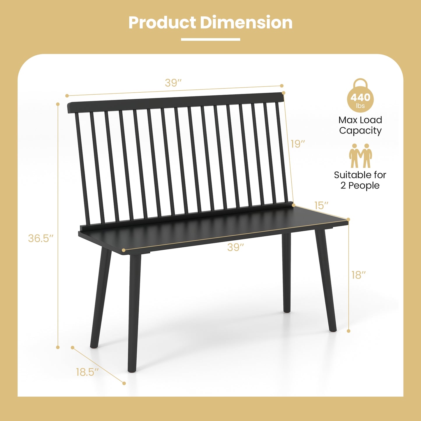 Elegant Windsor Dining Bench with Spindle Back and Anti-Slip Foot Pads – Black
