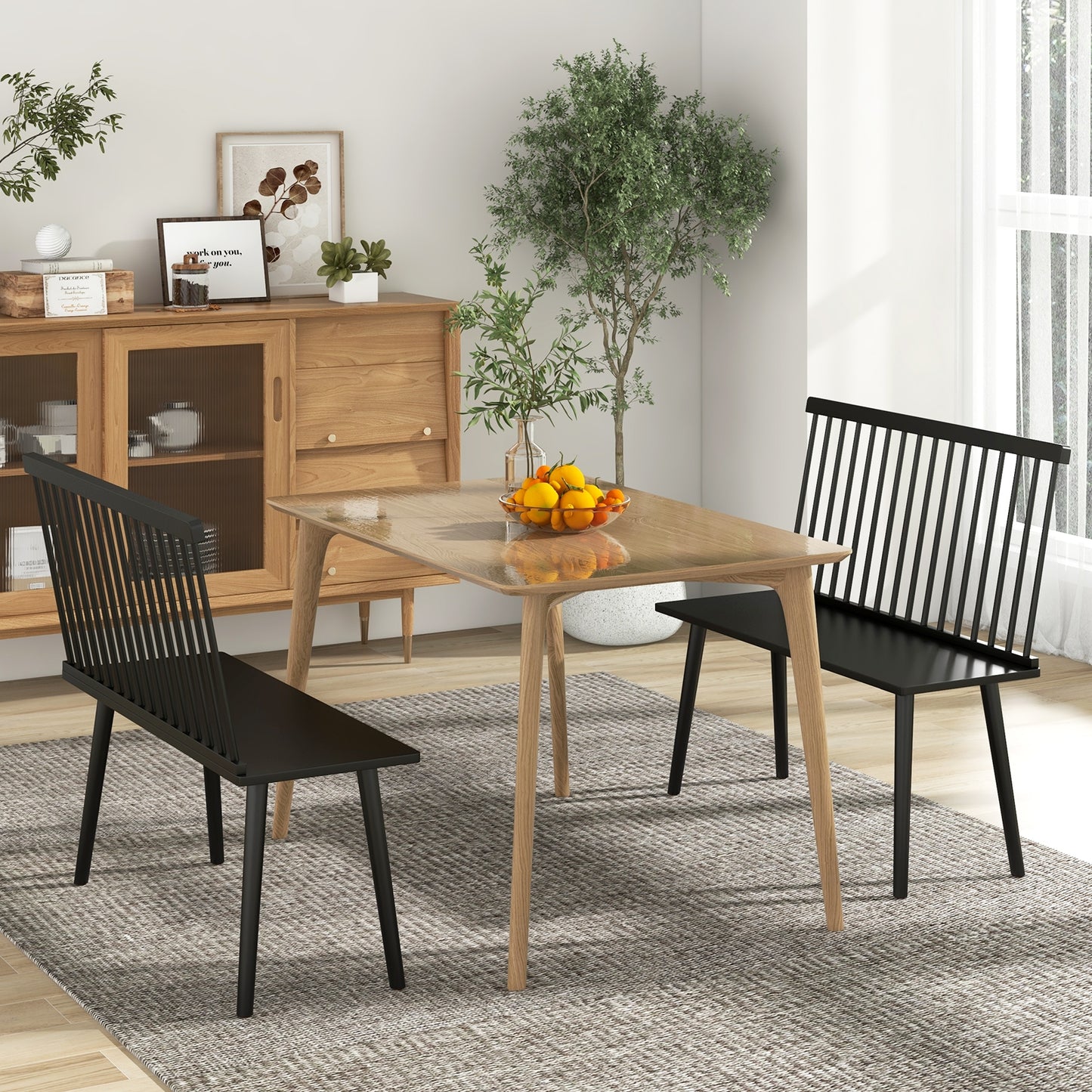 Elegant Windsor Dining Bench with Spindle Back and Anti-Slip Foot Pads – Black
