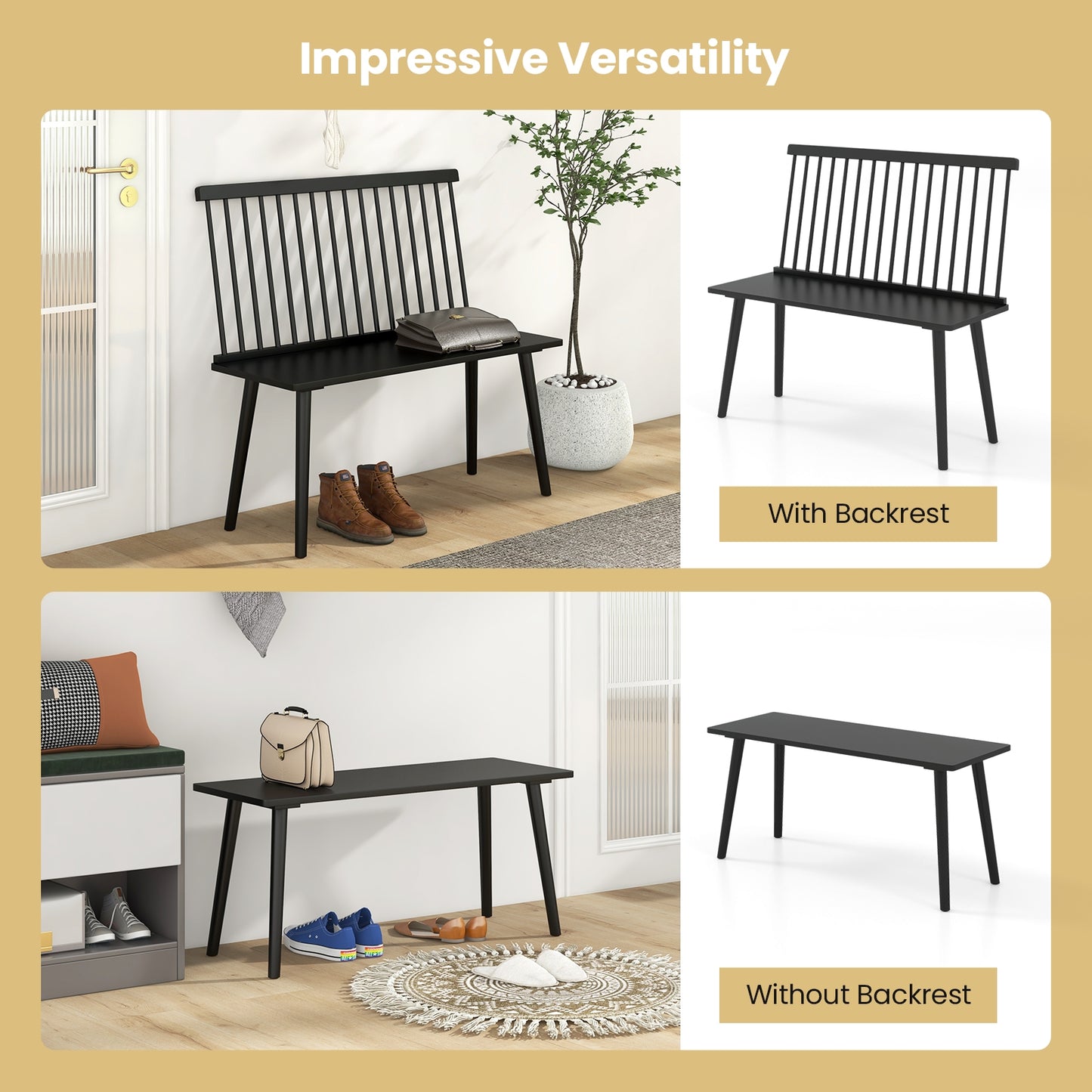 Elegant Windsor Dining Bench with Spindle Back and Anti-Slip Foot Pads – Black
