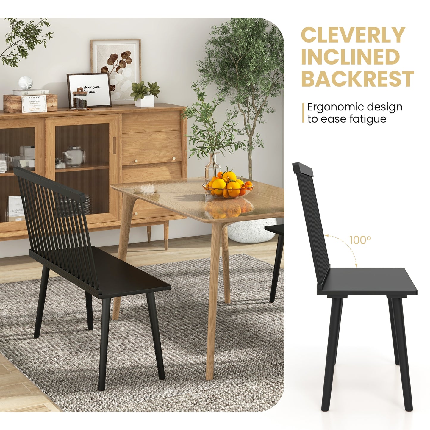 Elegant Windsor Dining Bench with Spindle Back and Anti-Slip Foot Pads – Black
