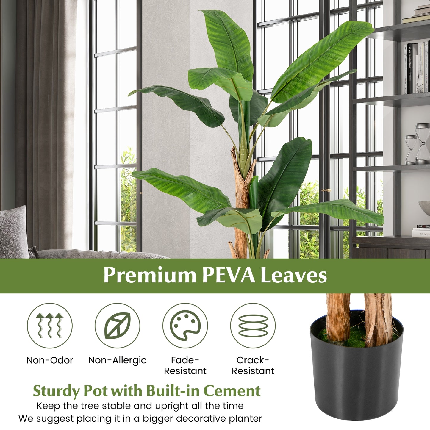 Elegant 5.5/6.5 Feet Artificial Banana Tree – Vibrant Green Leaves & Sturdy Natural Bark Design