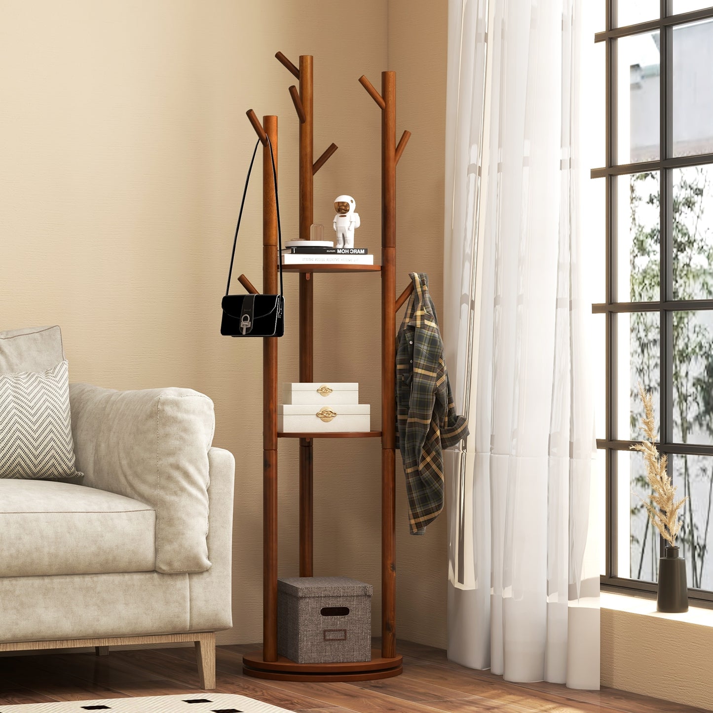 360 Degree Freestanding Wood Coat Rack with Shelves and Hooks