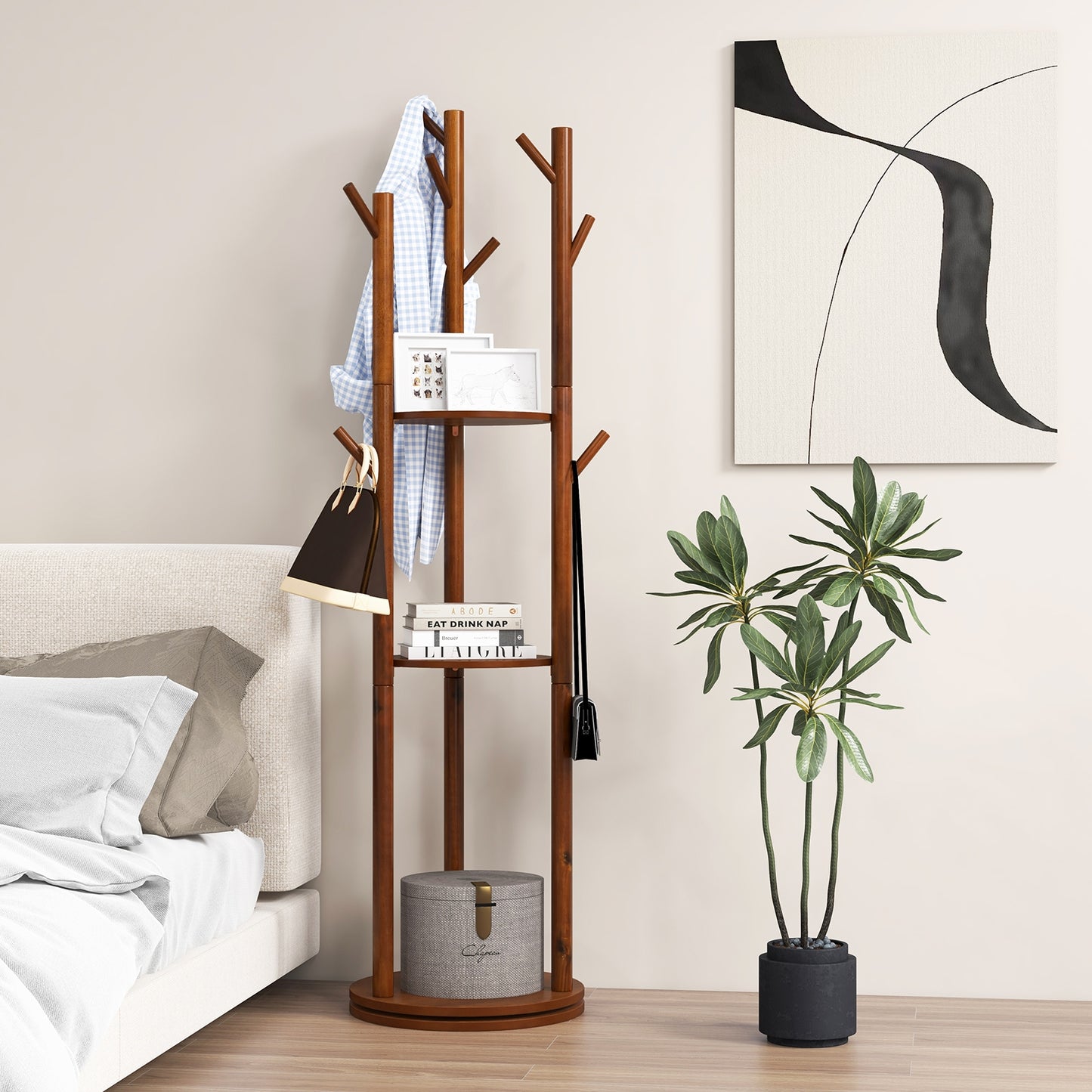 360 Degree Freestanding Wood Coat Rack with Shelves and Hooks