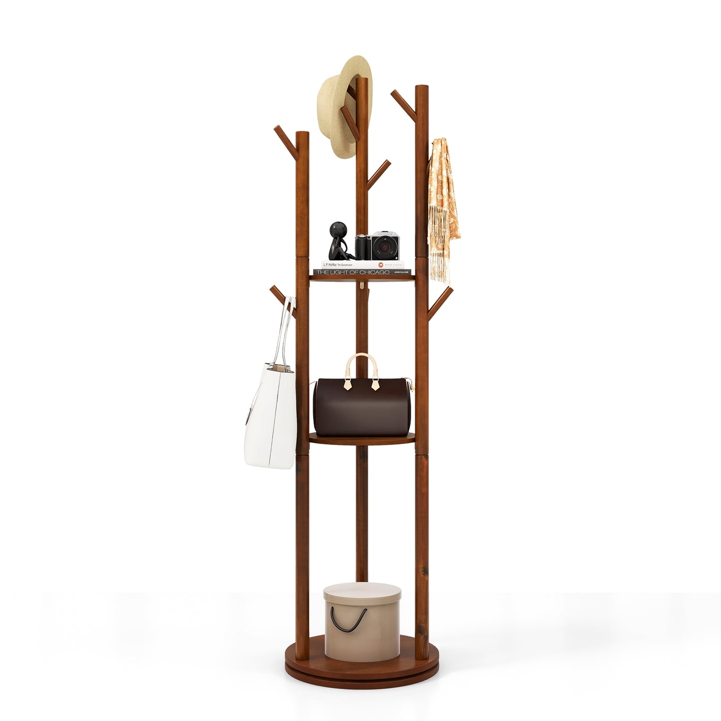 360 Degree Freestanding Wood Coat Rack with Shelves and Hooks