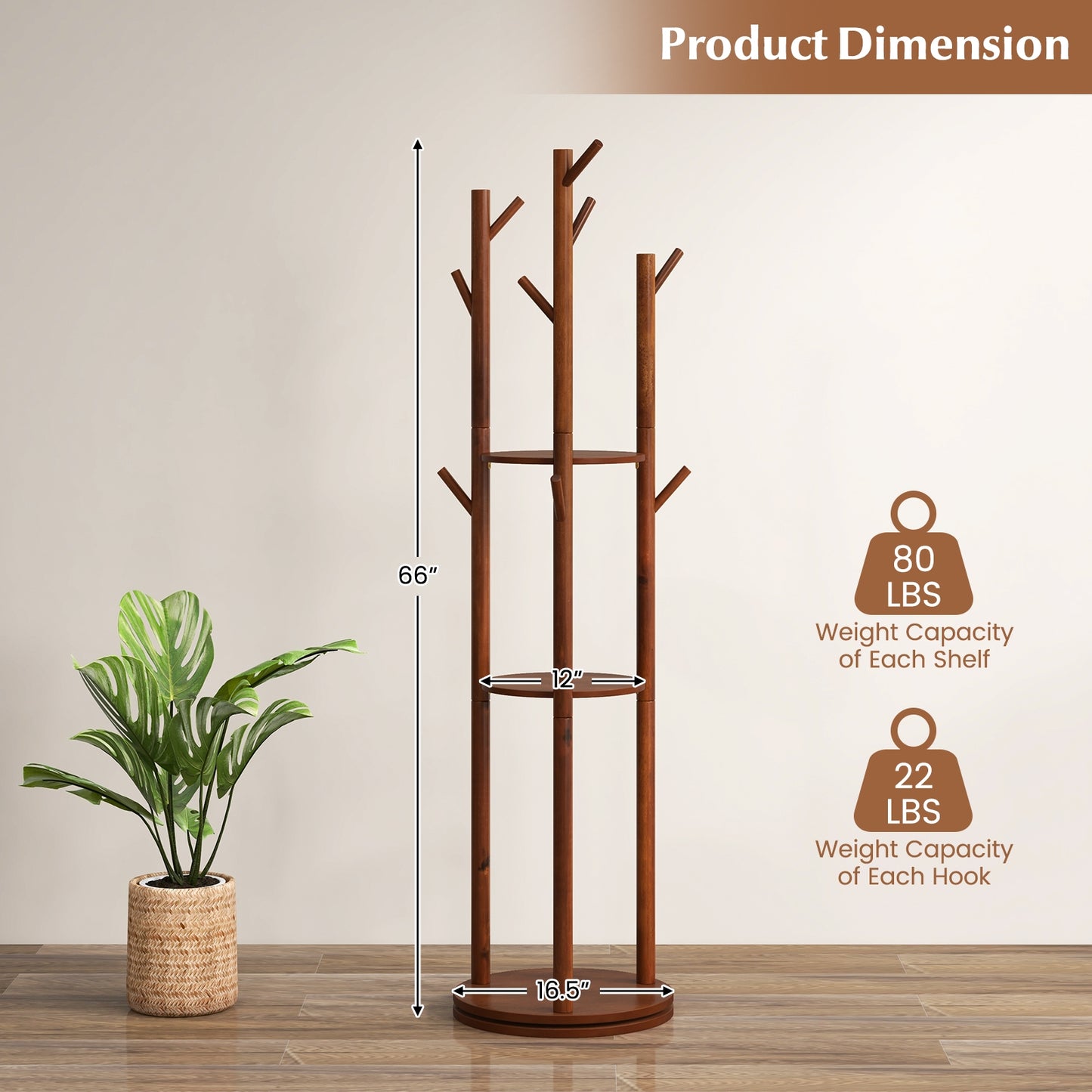 360 Degree Freestanding Wood Coat Rack with Shelves and Hooks