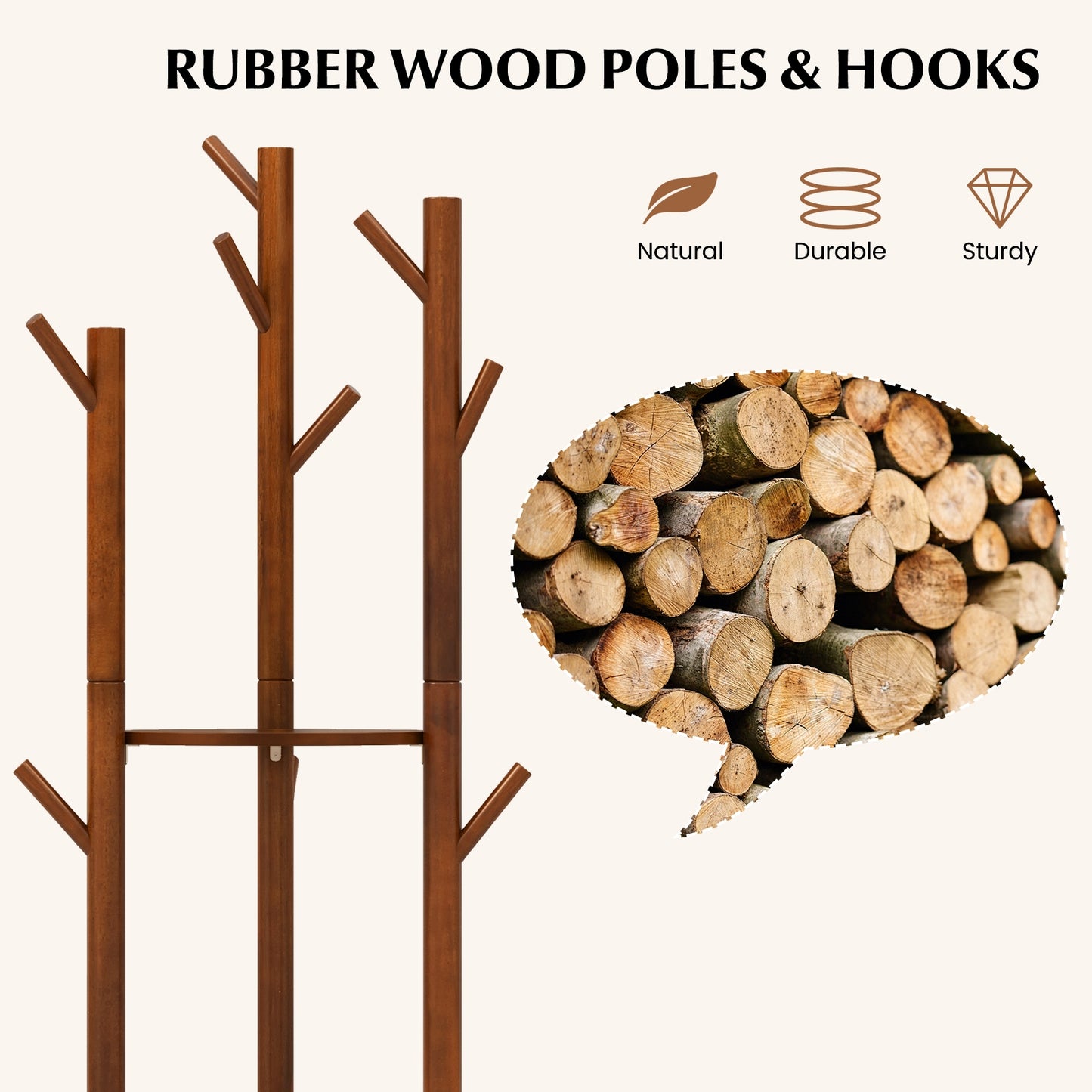 360 Degree Freestanding Wood Coat Rack with Shelves and Hooks