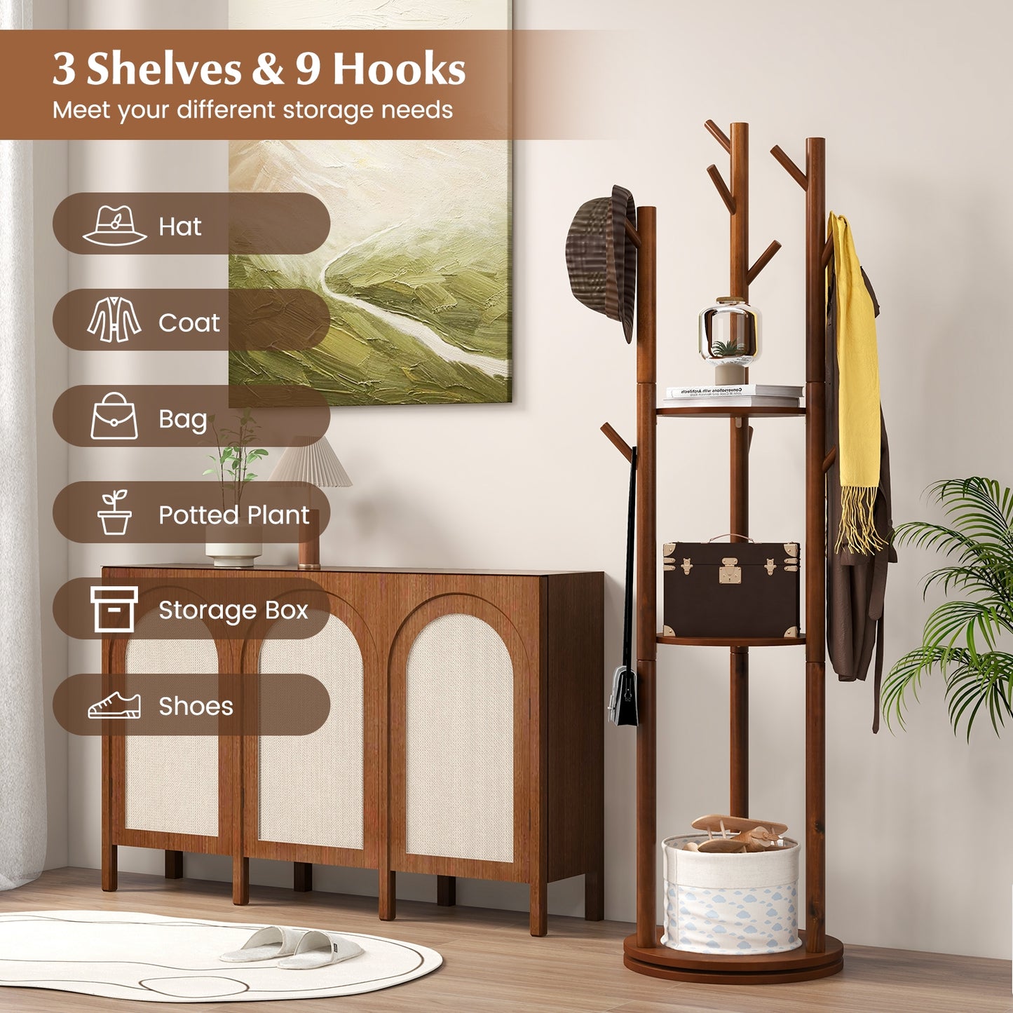 360 Degree Freestanding Wood Coat Rack with Shelves and Hooks