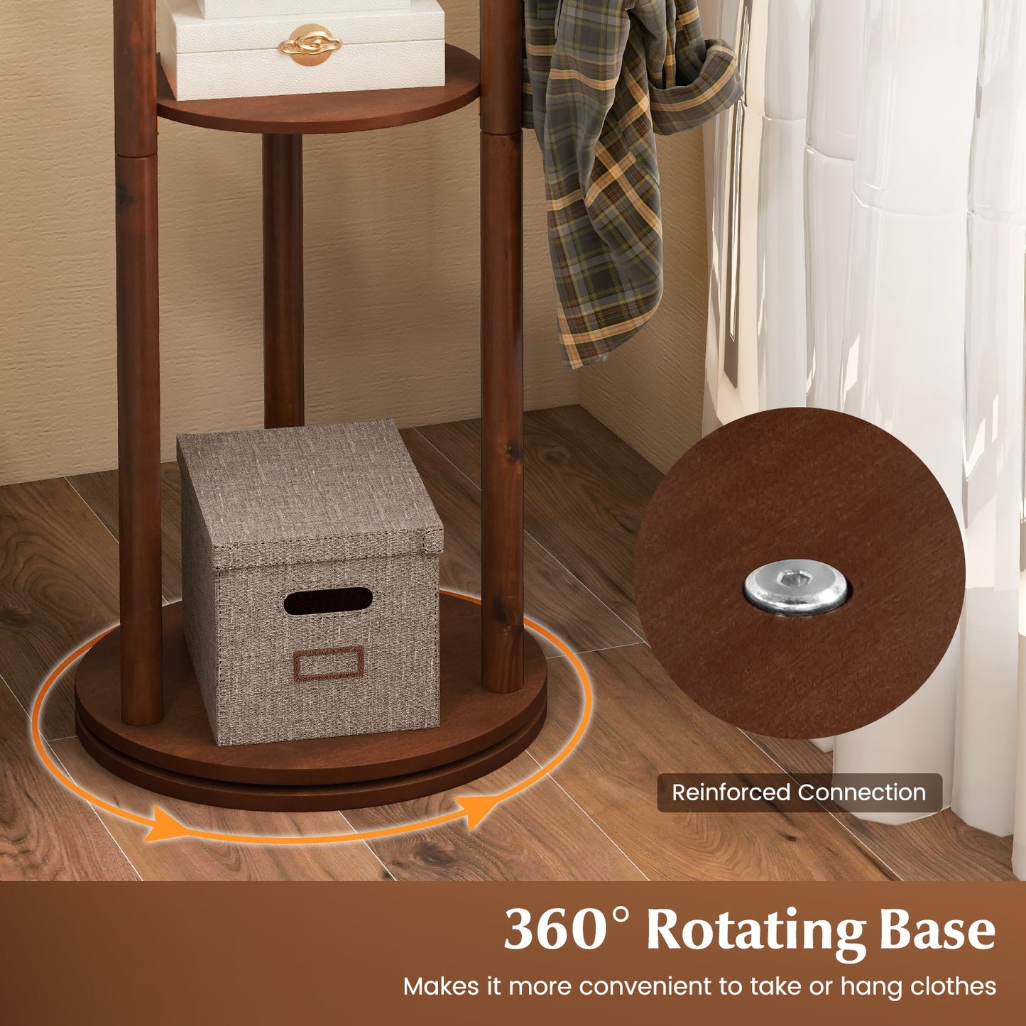360 Degree Freestanding Wood Coat Rack with Shelves and Hooks