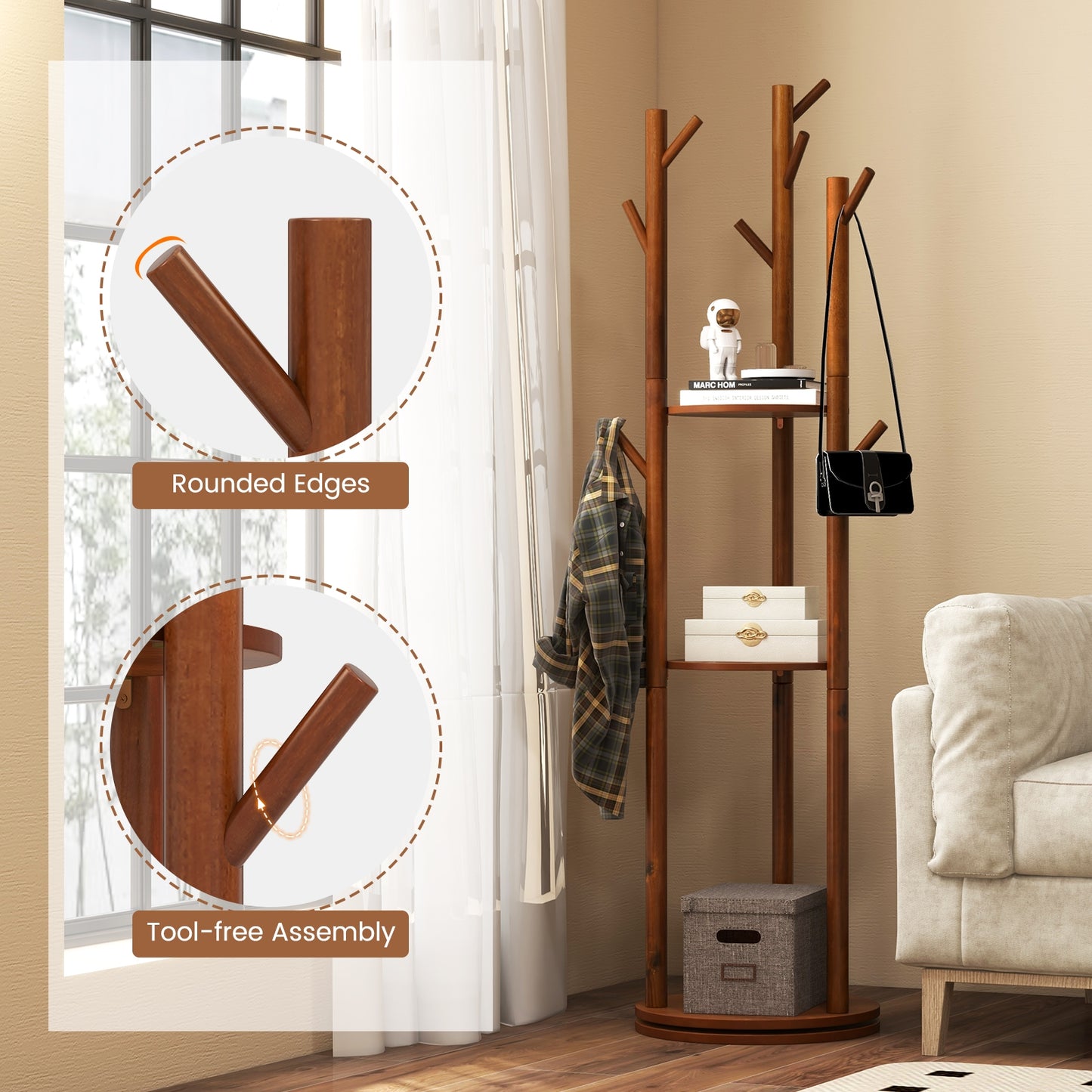360 Degree Freestanding Wood Coat Rack with Shelves and Hooks