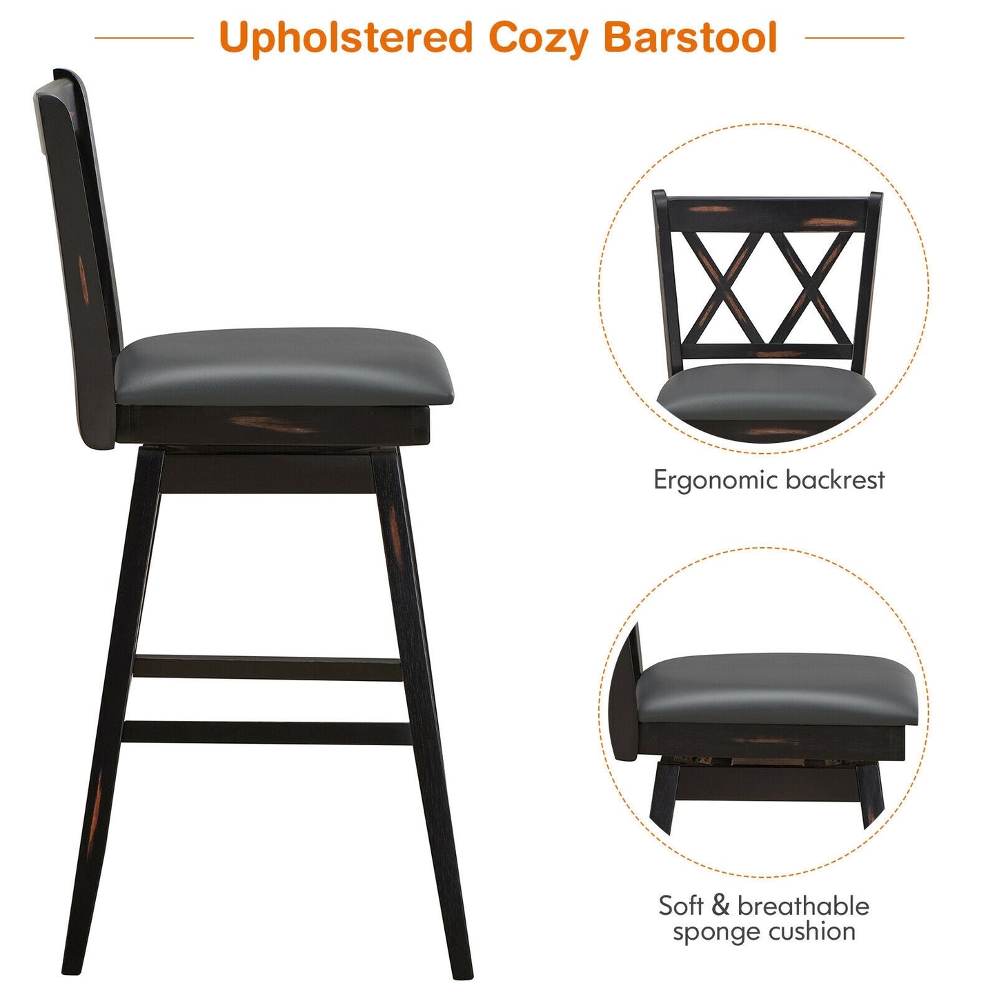 Counter Height Bar Stools Set of 2 with 29 Inch Swivel Seat and Black Rubber Wood Frame