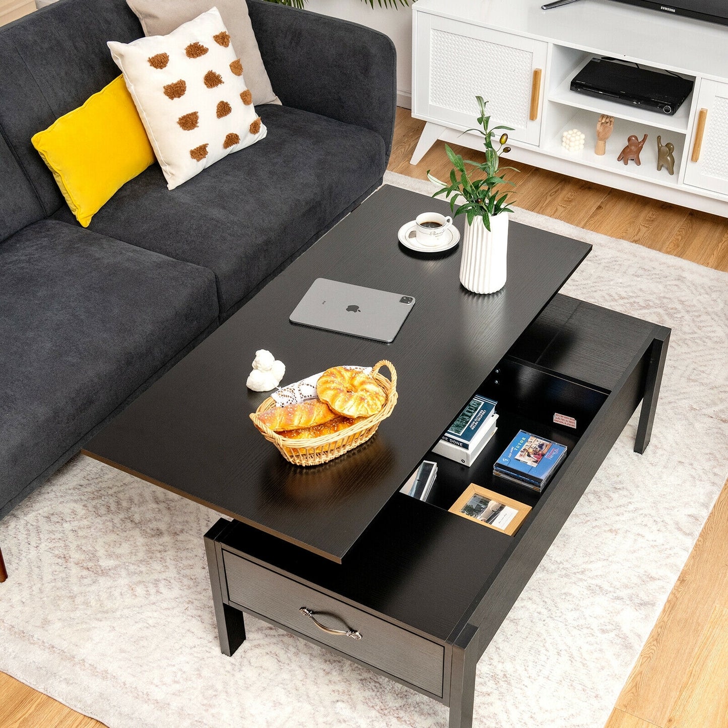 Lift Top Coffee Table with Hidden Storage and Dual Drawers