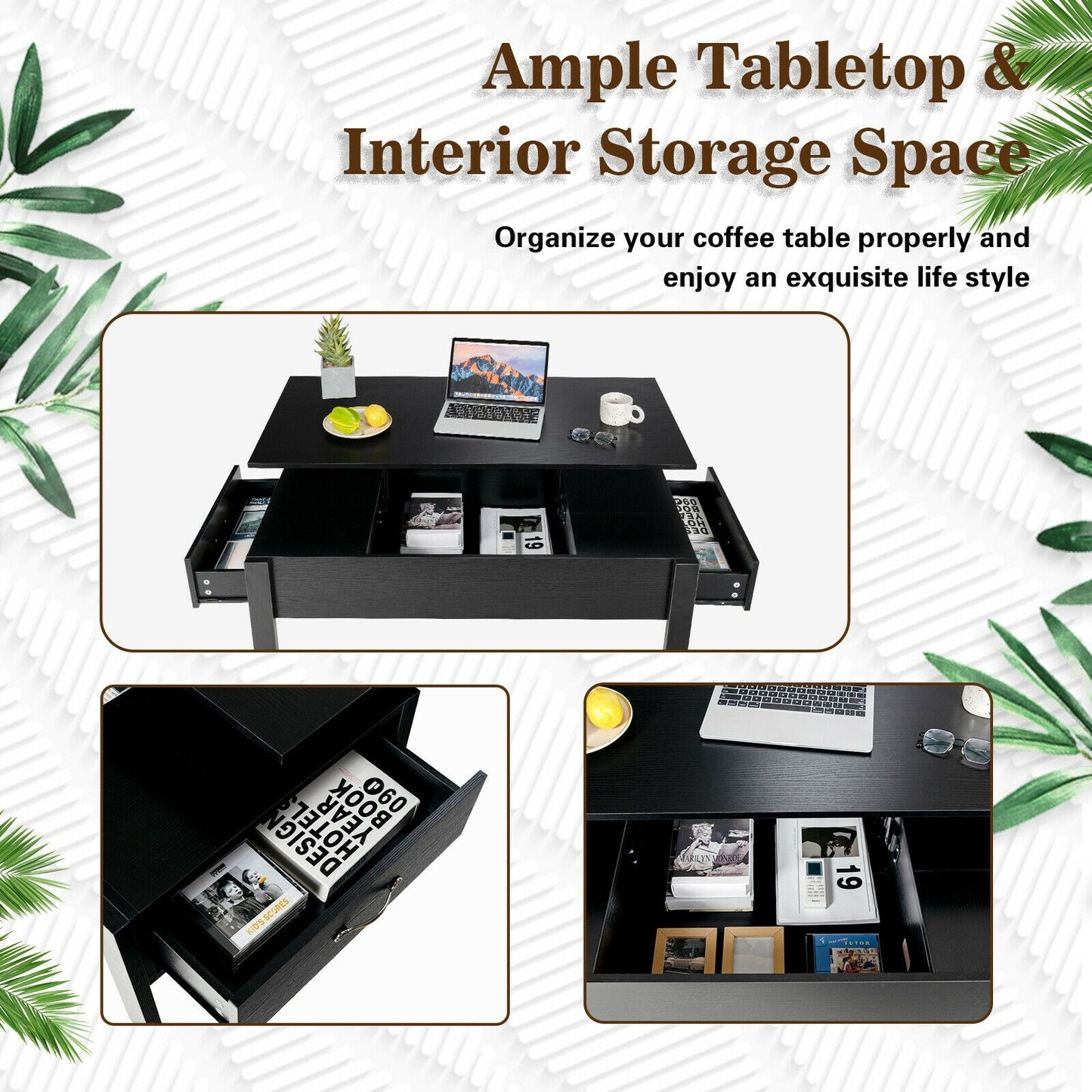 Lift Top Coffee Table with Hidden Storage and Dual Drawers