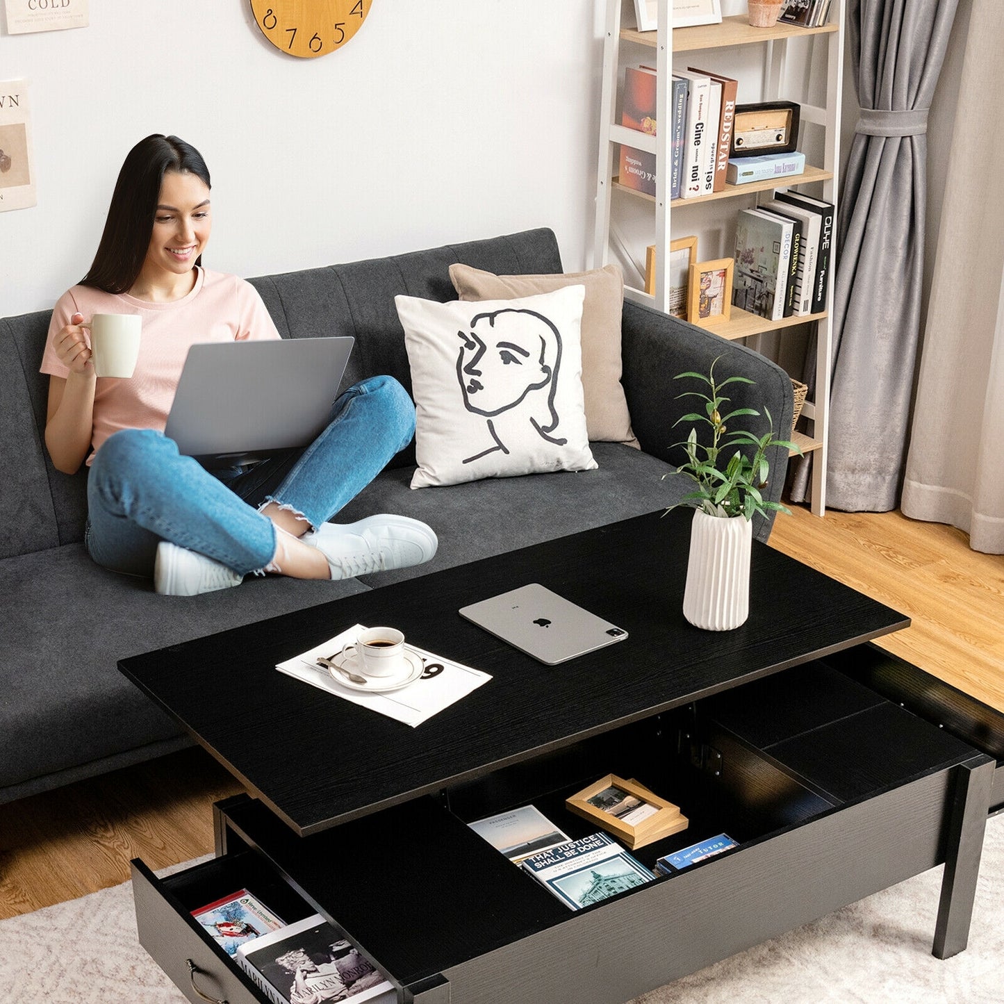 Lift Top Coffee Table with Hidden Storage and Dual Drawers