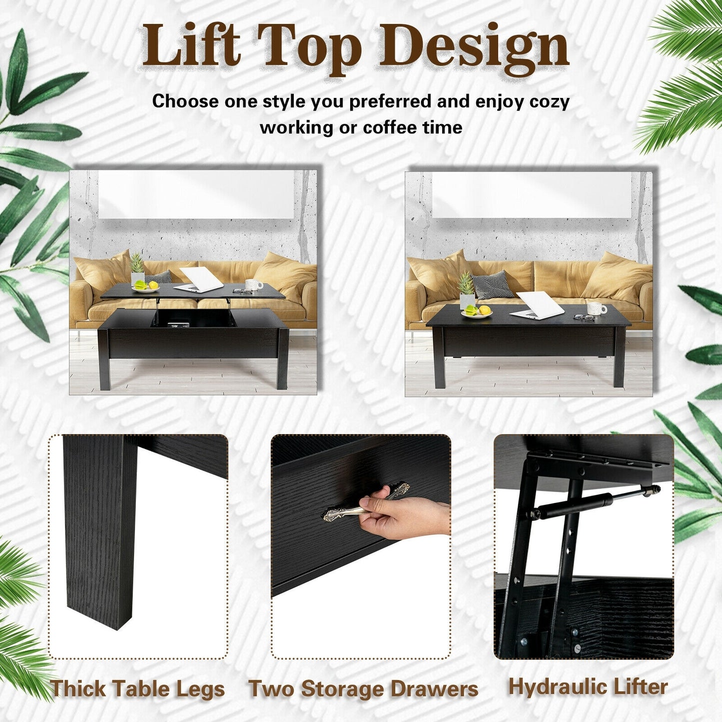 Lift Top Coffee Table with Hidden Storage and Dual Drawers