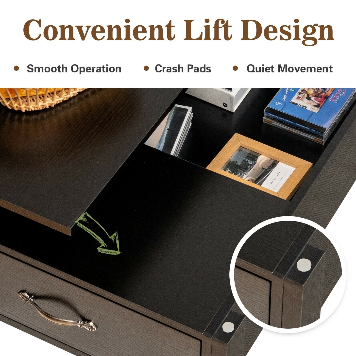 Lift Top Coffee Table with Hidden Storage and Dual Drawers