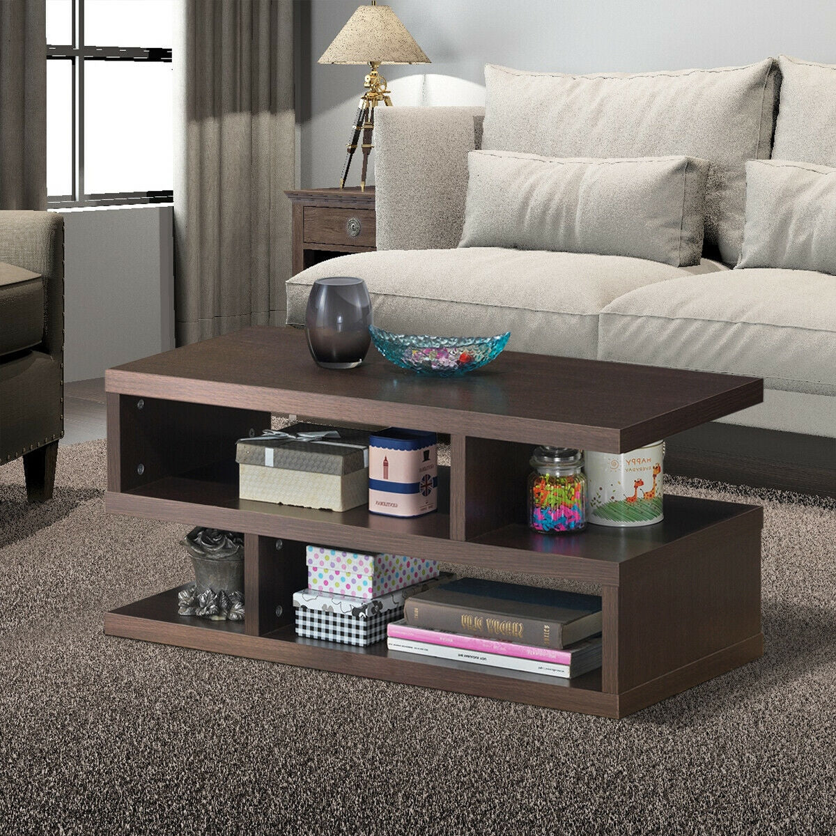 Contemporary 3 Tier Coffee Table with Spacious Storage Shelves