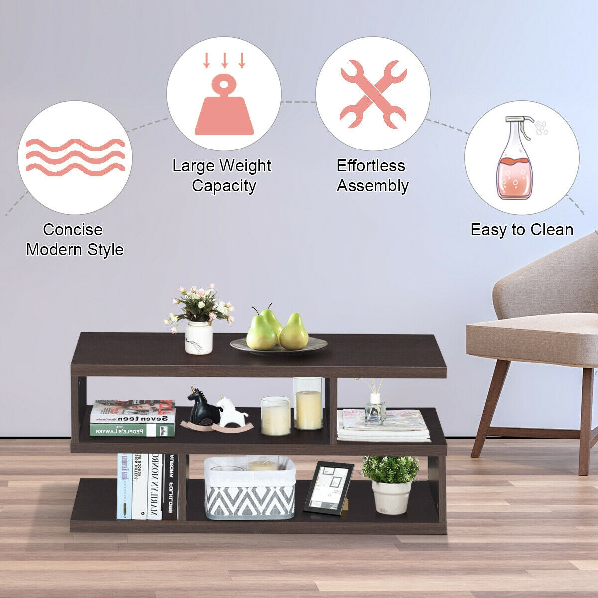 Contemporary 3 Tier Coffee Table with Spacious Storage Shelves