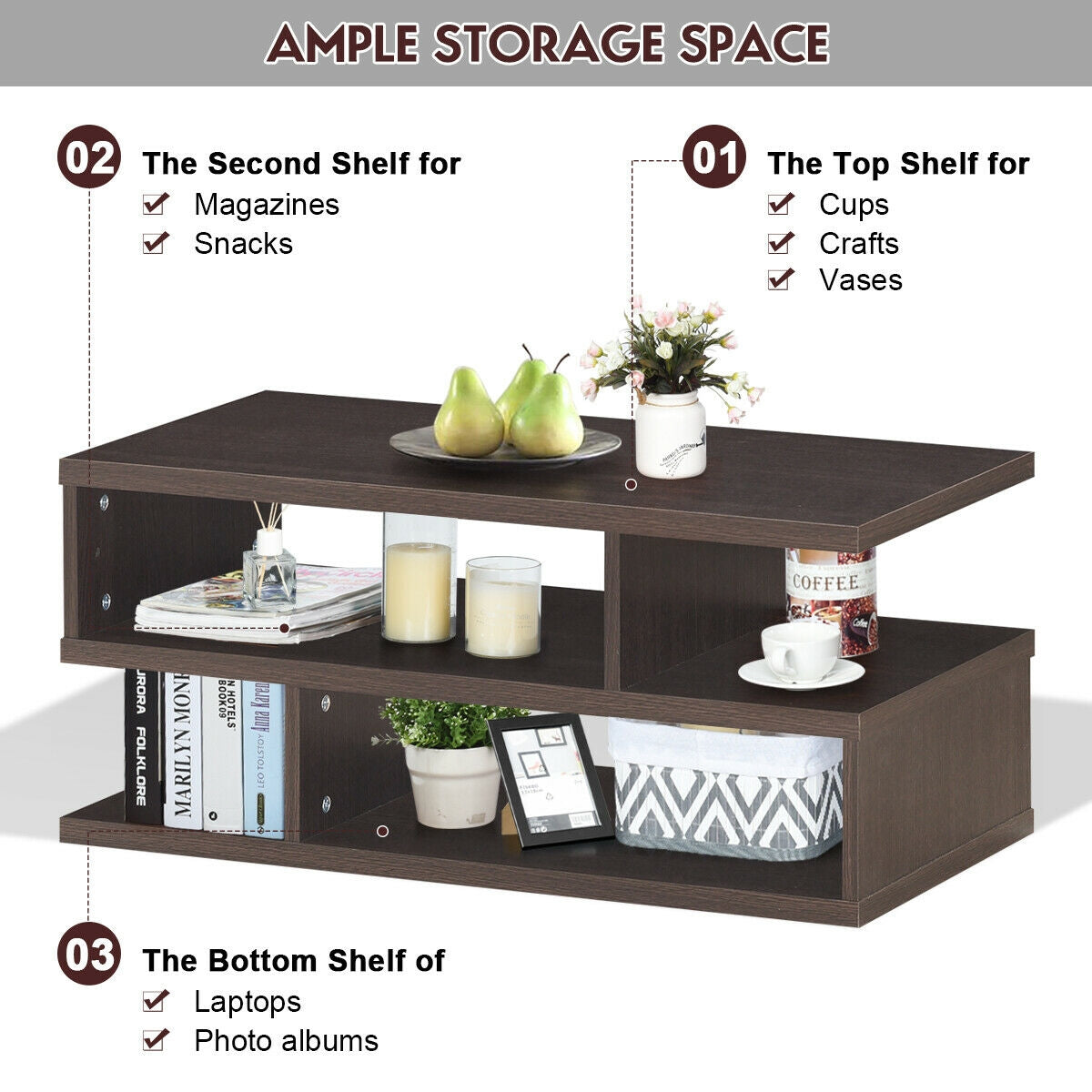 Contemporary 3 Tier Coffee Table with Spacious Storage Shelves