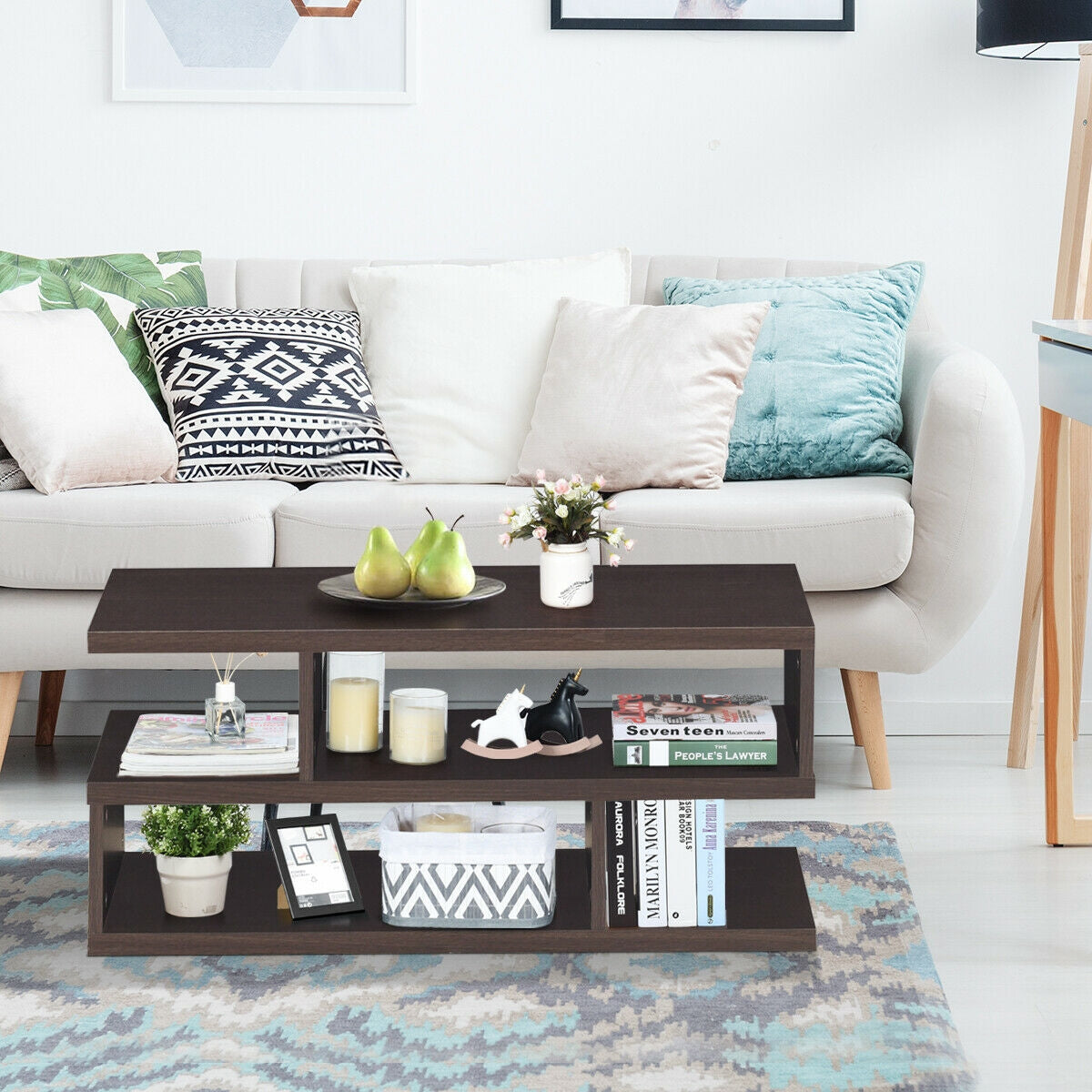 Contemporary 3 Tier Coffee Table with Spacious Storage Shelves