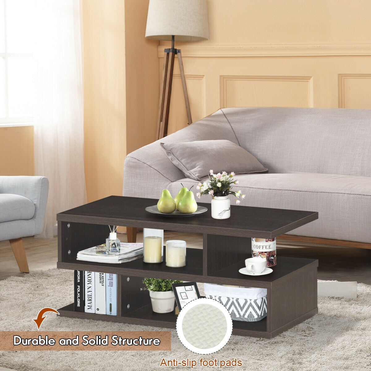 Contemporary 3 Tier Coffee Table with Spacious Storage Shelves