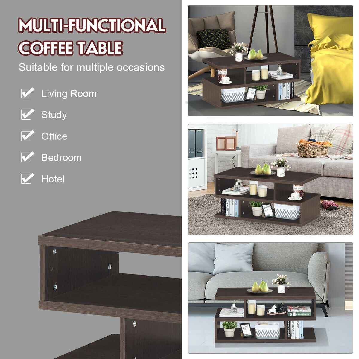 Contemporary 3 Tier Coffee Table with Spacious Storage Shelves