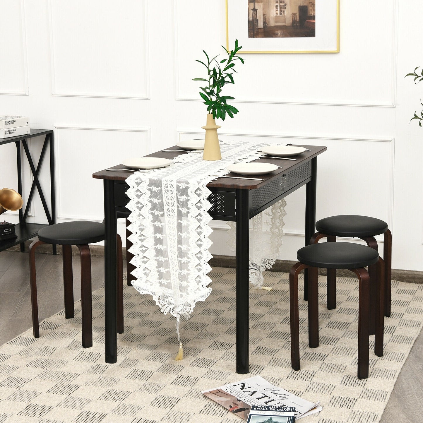 Bentwood Stackable Stools with PU Leather Cushioned Seat – Set of 4, Black