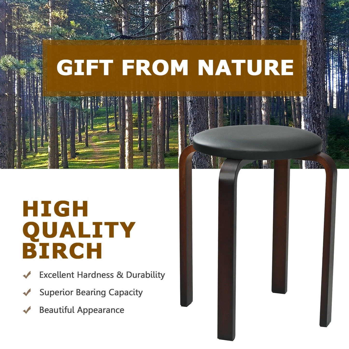 Bentwood Stackable Stools with PU Leather Cushioned Seat – Set of 4, Black