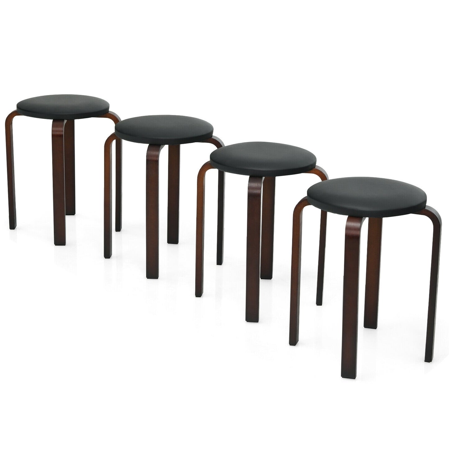 Bentwood Stackable Stools with PU Leather Cushioned Seat – Set of 4, Black