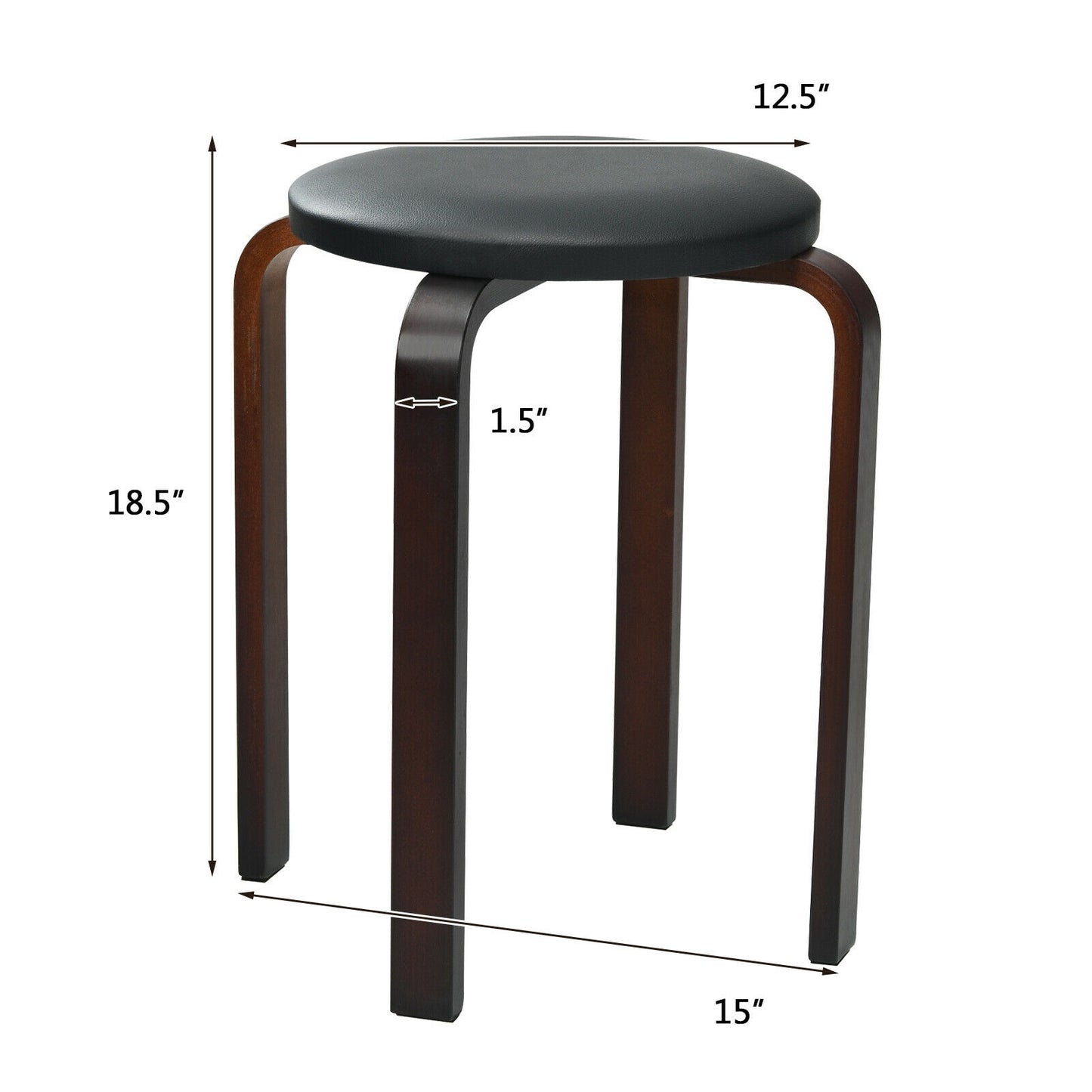 Bentwood Stackable Stools with PU Leather Cushioned Seat – Set of 4, Black