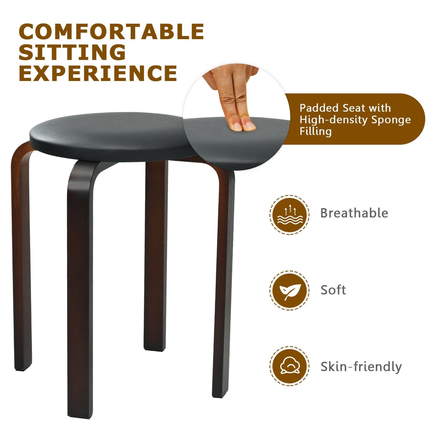 Bentwood Stackable Stools with PU Leather Cushioned Seat – Set of 4, Black