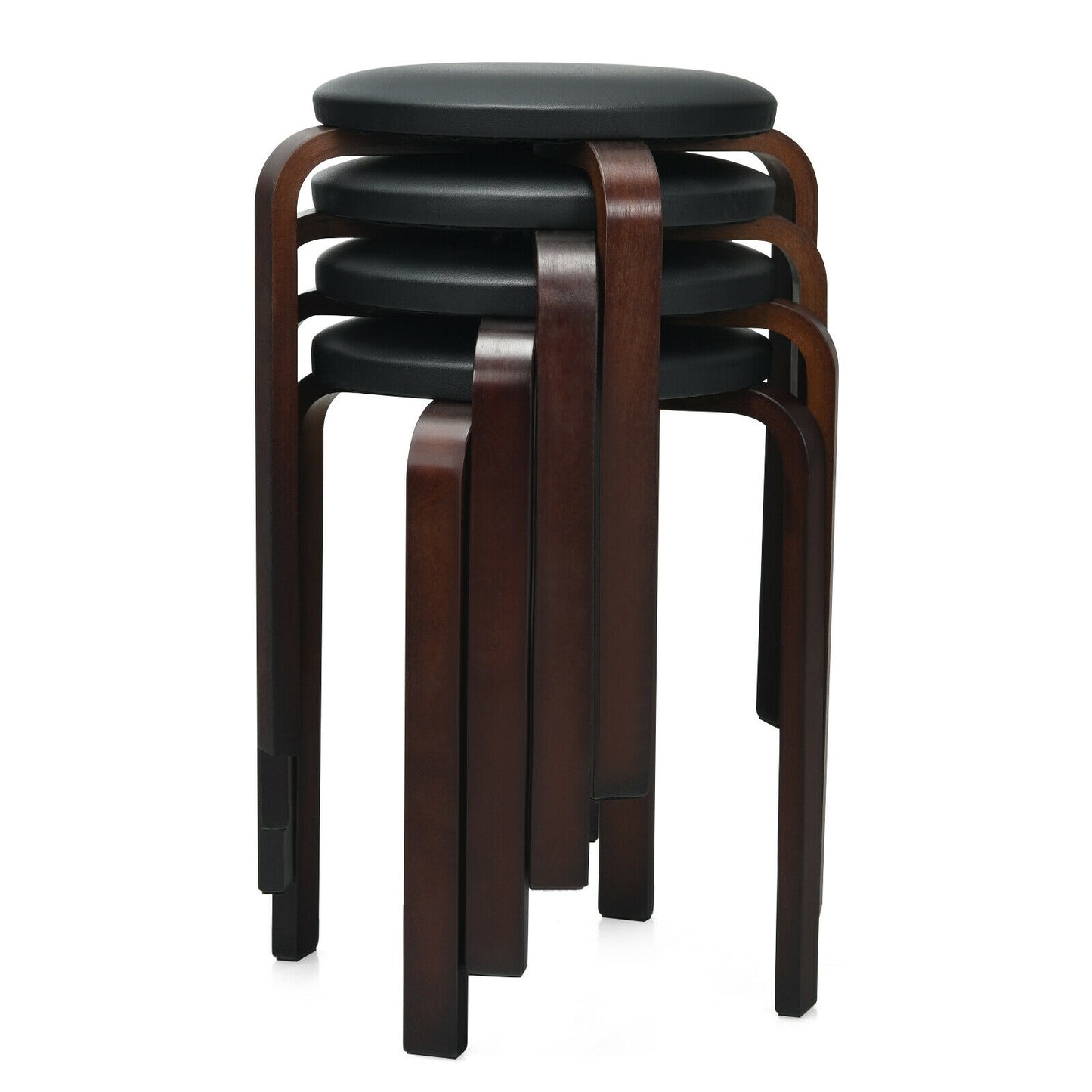 Bentwood Stackable Stools with PU Leather Cushioned Seat – Set of 4, Black