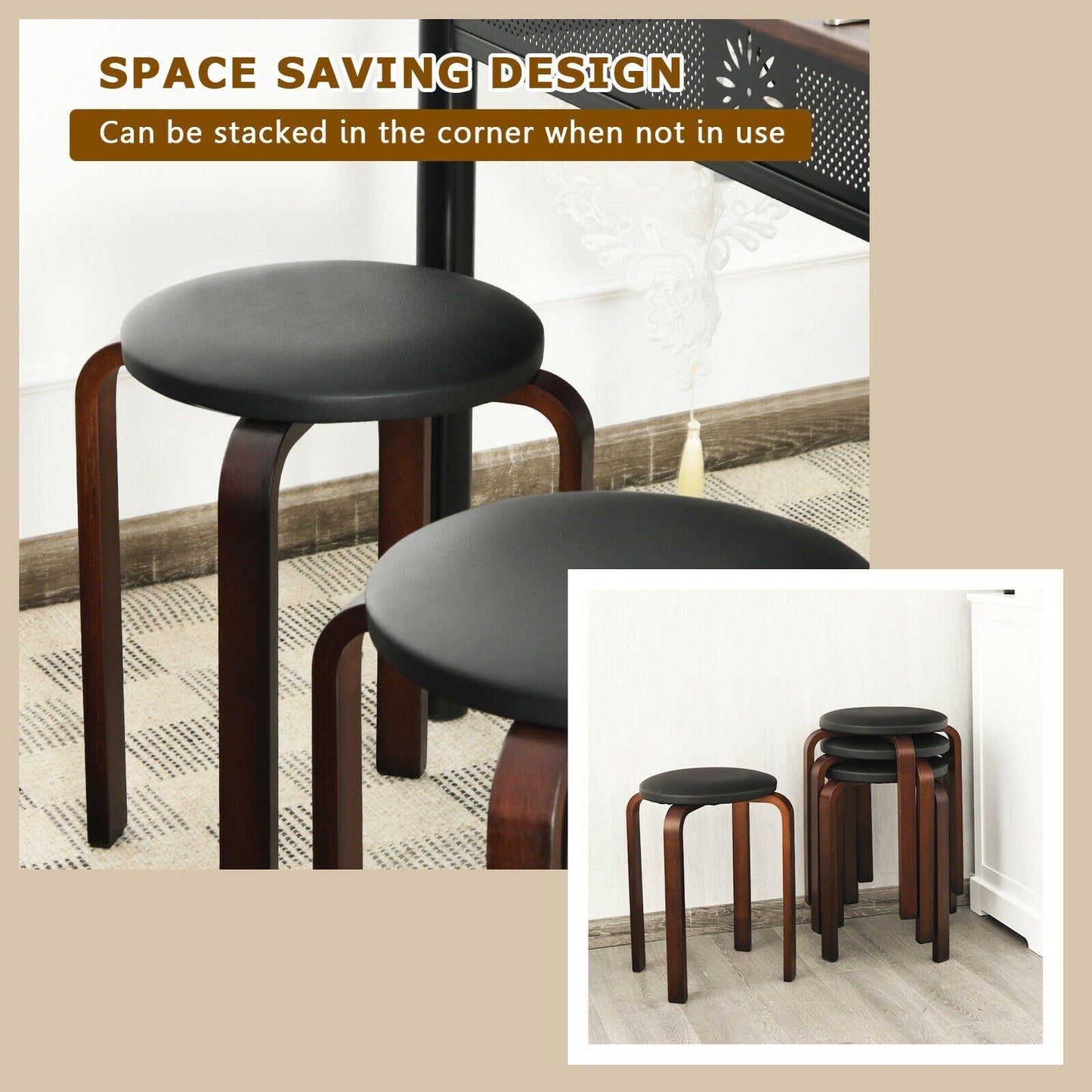 Bentwood Stackable Stools with PU Leather Cushioned Seat – Set of 4, Black
