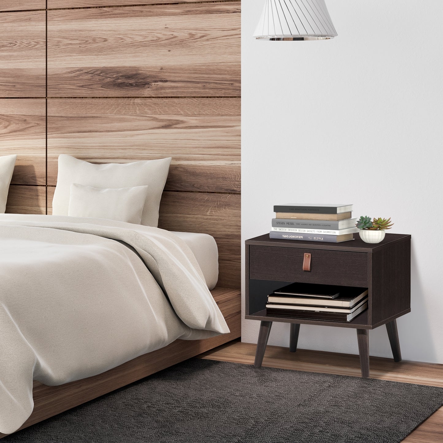 Mid-Century Wooden Nightstand with Drawer and Open Storage Shelf for Bedroom or Living Room