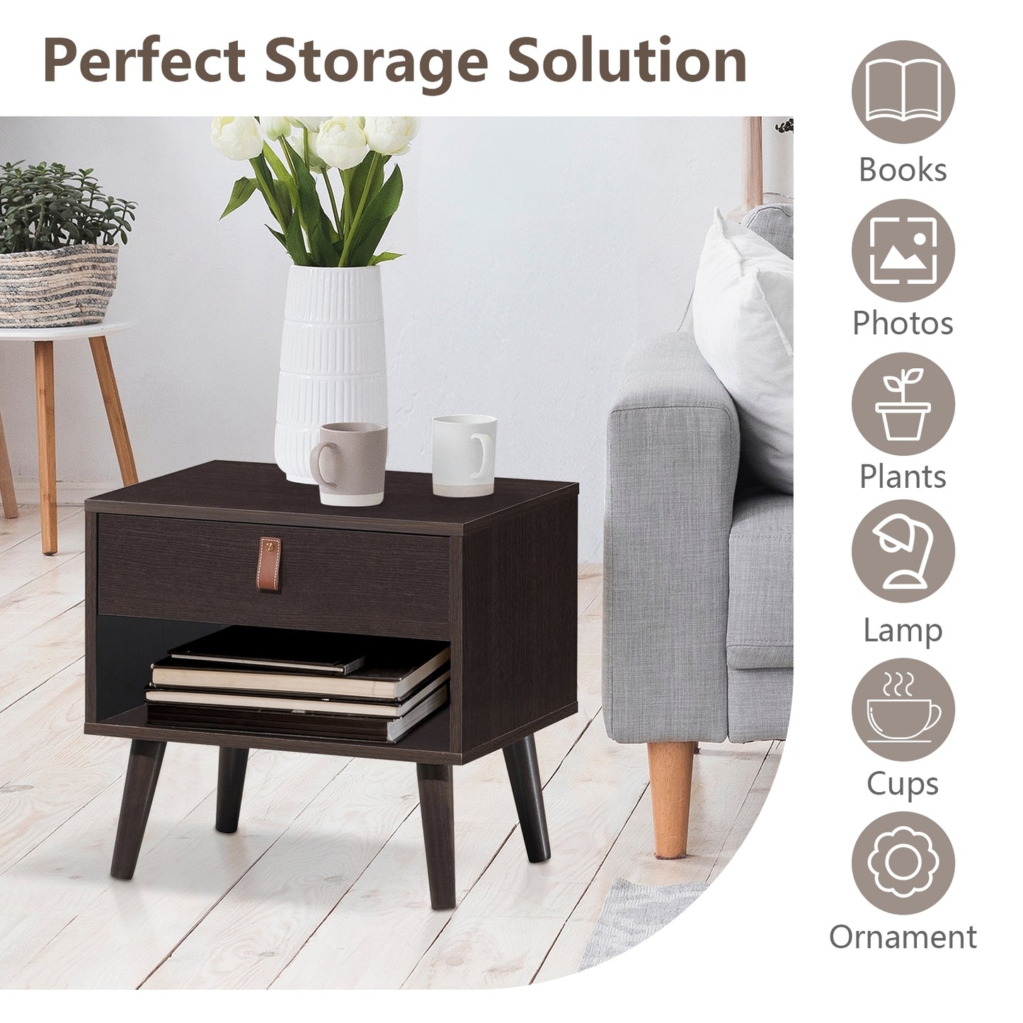 Mid-Century Wooden Nightstand with Drawer and Open Storage Shelf for Bedroom or Living Room
