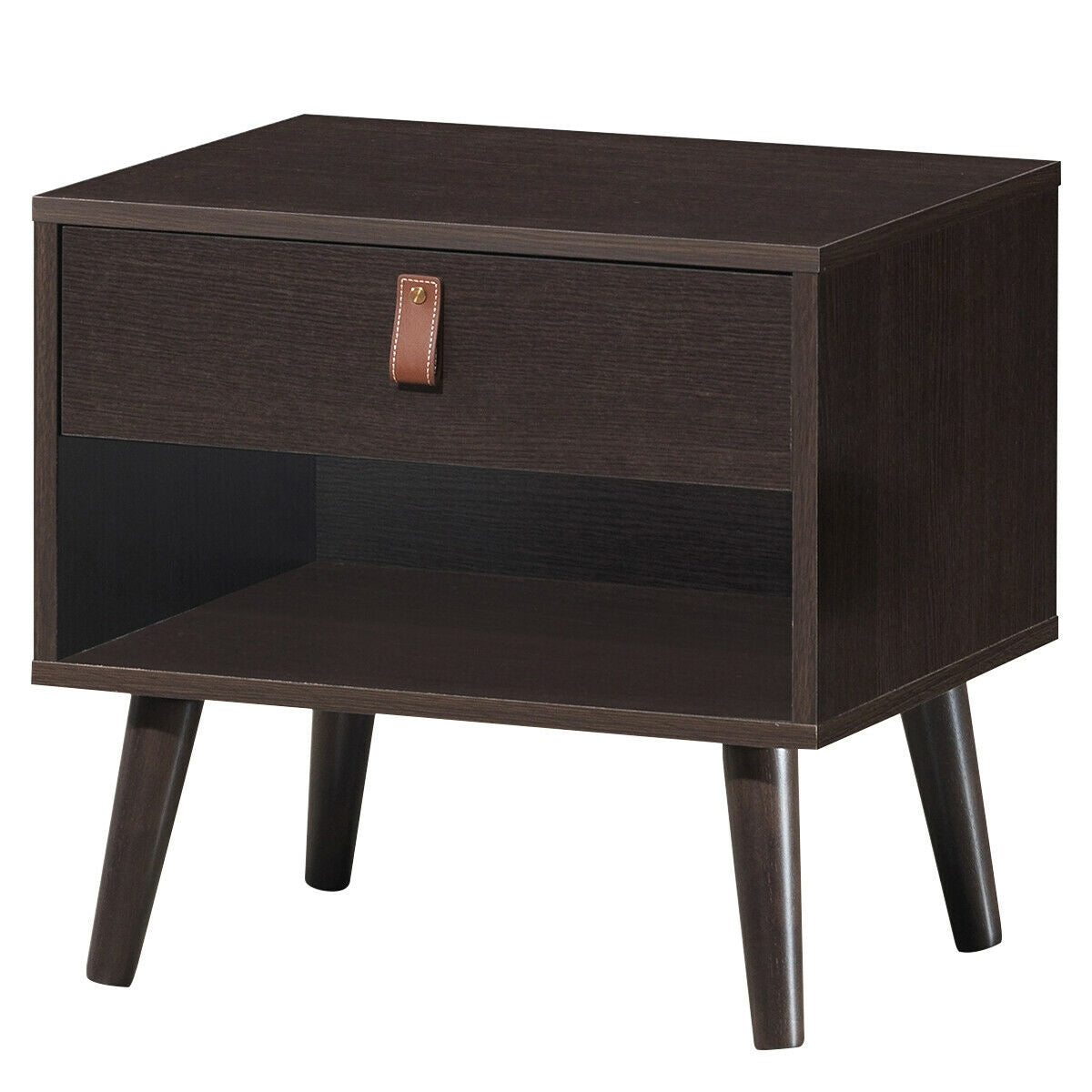 Mid-Century Wooden Nightstand with Drawer and Open Storage Shelf for Bedroom or Living Room