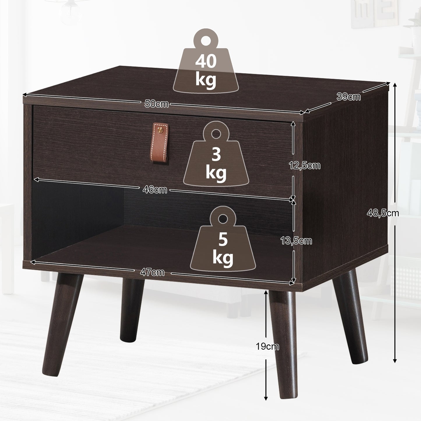 Mid-Century Wooden Nightstand with Drawer and Open Storage Shelf for Bedroom or Living Room