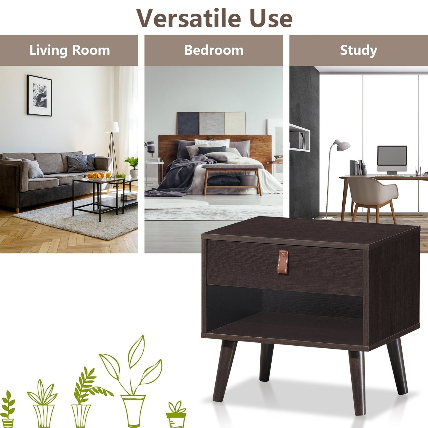 Mid-Century Wooden Nightstand with Drawer and Open Storage Shelf for Bedroom or Living Room