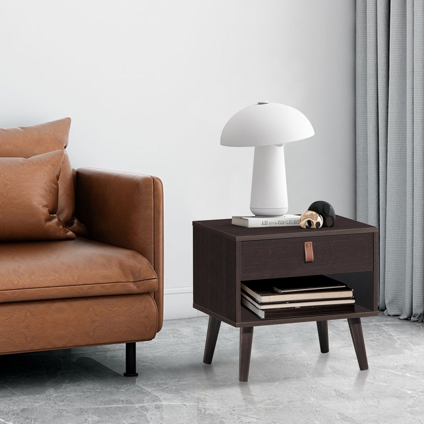 Mid-Century Wooden Nightstand with Drawer and Open Storage Shelf for Bedroom or Living Room
