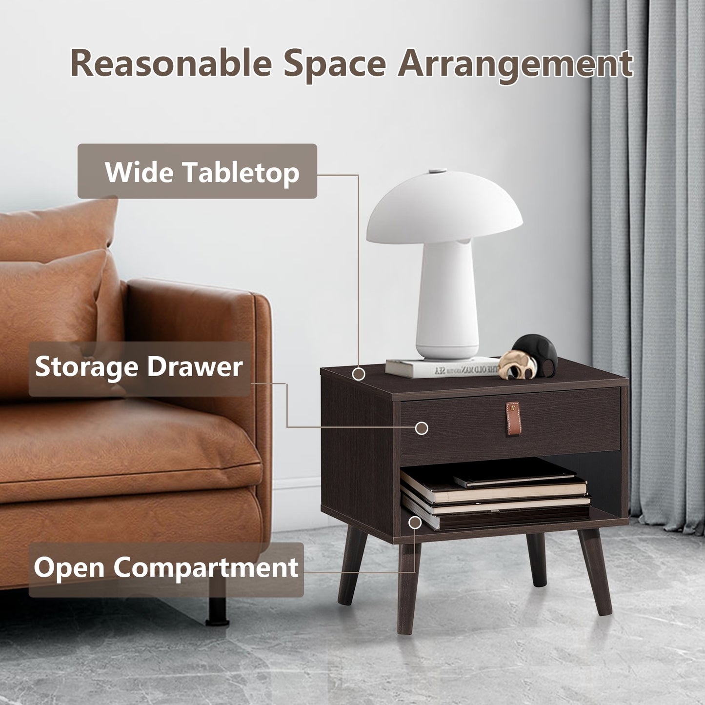Mid-Century Wooden Nightstand with Drawer and Open Storage Shelf for Bedroom or Living Room
