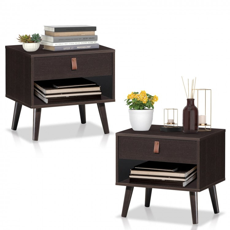 Mid-Century Wooden Nightstand with Drawer and Open Storage Shelf for Bedroom or Living Room