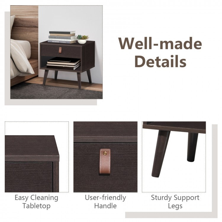 Mid-Century Wooden Nightstand with Drawer and Open Storage Shelf for Bedroom or Living Room